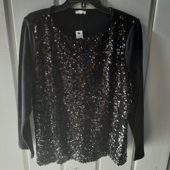 Talbots Black Sequin Front Tee Shirt NWT Sz XLP - Picture 1 of 4